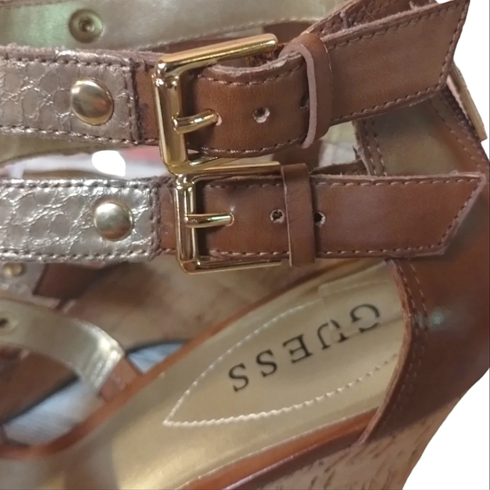 Guess Gold/Tan Wedge Sandals Size 8 1/2